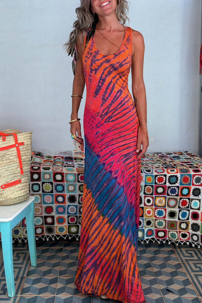 Tie-dye Print Back Lace-up Fishtail Hem Stretch Maxi Dress