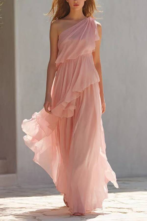 One Shoulder Ruffle Chiffon Maxi Dress