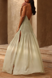 Ethereal Elegance Pleated Patchwork Slit Maxi Dress