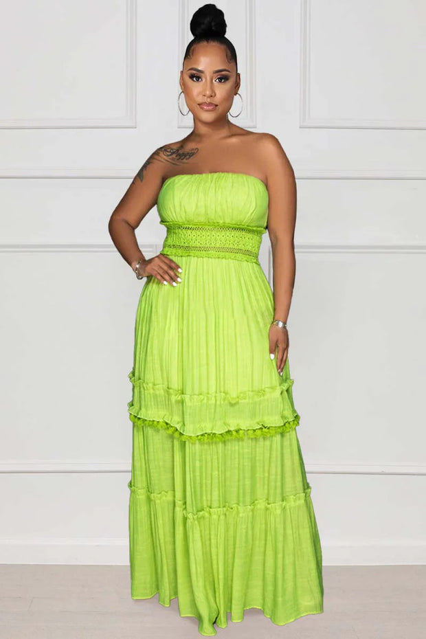 CORSET STRAPLESS TIERED RUFFLED A-LINE PLEATED VACATION MAXI DRESSES [PRE ORDER]