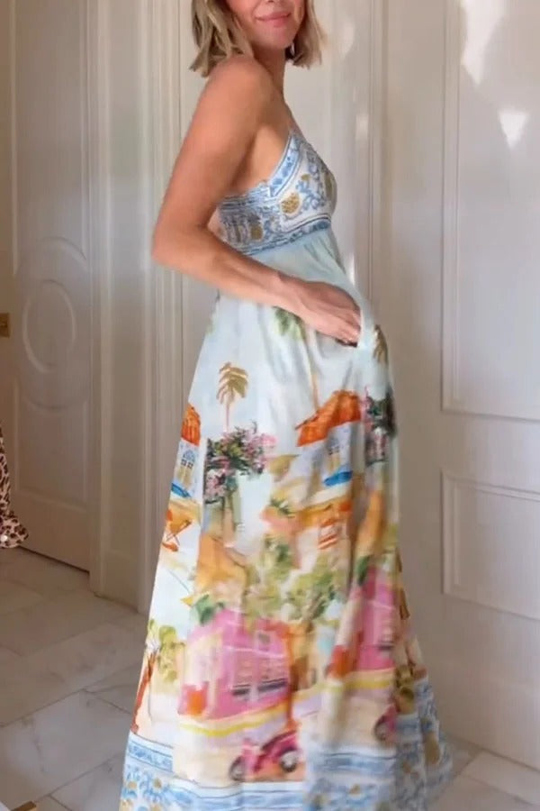 Aracati Multicolor Unique Print Back Smocked Pocket Maxi Dress