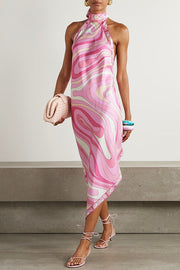 Meet At Beach Satin Unique Print Halter Tie-up Neck Irregular Hem Vacation Midi Dress