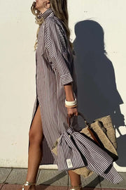 All-match Striped Button Up Half Sleeve Belted Pocket Shirt Midi Dress