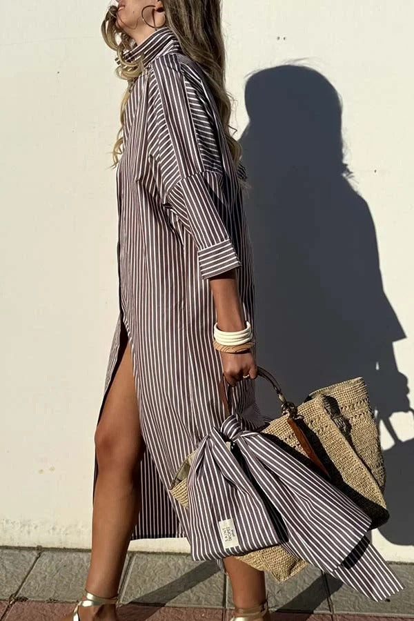 All-match Striped Button Up Half Sleeve Belted Pocket Shirt Midi Dress