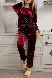 Red Solid Velvet Round Neck Top & Drawstring Pants Longe Set