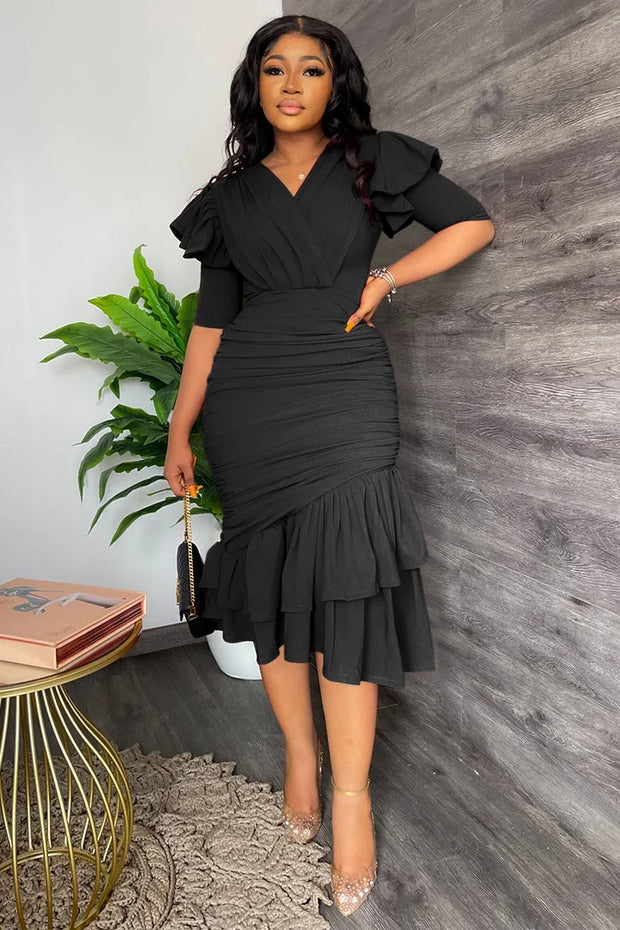 SHORT SLEEVE IRREGULAR RUFFLE MIDI DRESSES