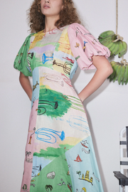 Puff Sleeve Paneled Resort Style Print Dress