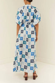 Blue Floral Tile Print Tie Waist Maxi Dress