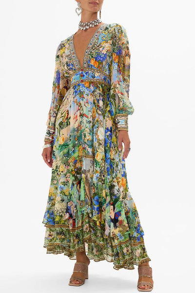Printed V-neck Long-sleeved Puff Sleeve Waist Maxi Dress