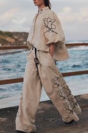 Fashionable cotton and linen printed wide-leg pants suit