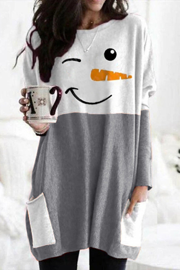 Snowman Print Long Sleeve Pocket Pullover Mini Dress