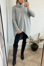 Perfect Winter Walks Knit Turtleneck High-low Hem Loose Midi Sweater