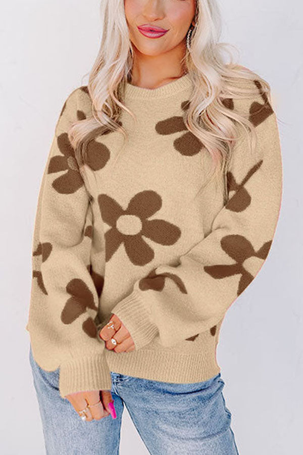 Floral Print Knitted Long Sleeve Pullover Sweater