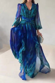 V-neck puff sleeve fitted waist printed chiffon maxi dress