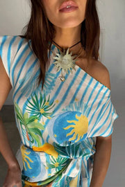 See You in Rio Tropical Fruits Print One Shoulder Wide Sleeve Loose Shirt