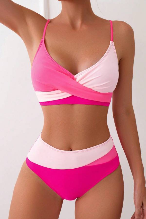 Color-Blocked Cross V-Neck High-Waisted Bikini Set