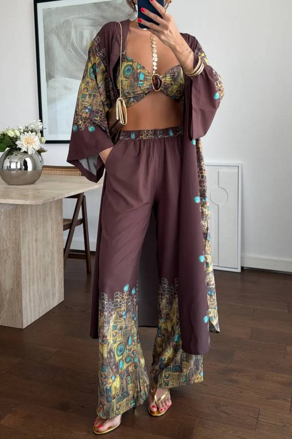 Vintage Print Kimono Cami Wide‑Leg Pants Three‑Piece Set