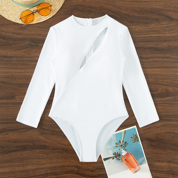 Long-sleeved solid color one-piece swimsuit