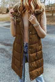 Hooded Pocketed Quilted Long Vest Coat