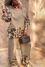Leopard Print Crew Neck Loose Top and Elastic Waist Casual Wide-leg Pants Set
