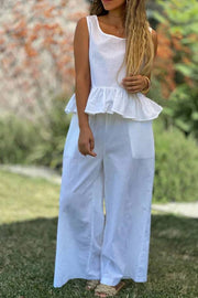 Cotton And Linen Solid Color Sleeveless Top & Wide Leg Pants Two-Piece Set