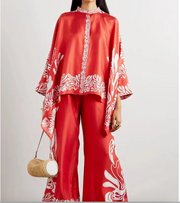 Fine Satin Floral Print Batwing Sleeve Pants Set - Red