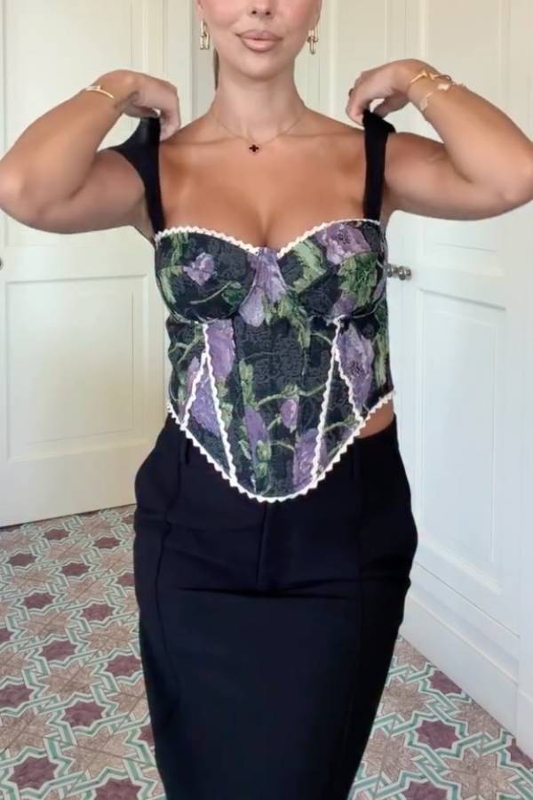 Vintage Floral Off‑Shoulder Corset Bustier