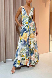 Retro-style patchwork print deep V sleeveless long dress