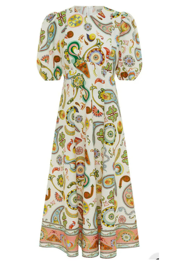 Trip Ready Linen Blend Unique Print Puff Sleeve Wavy Midi Dress