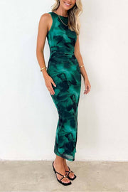 Art Print Sleeveless Fitted Maxi Dress