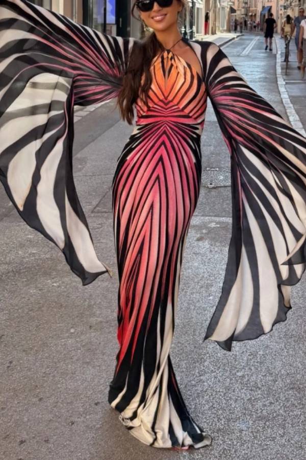 Ombre Butterfly Wing Print Halter Maxi Dress with Flowing Cape Sleeves