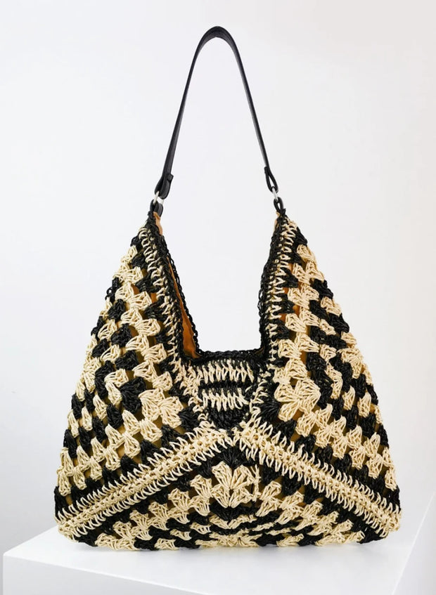 Bicolor Crochet Knit Tote Bag