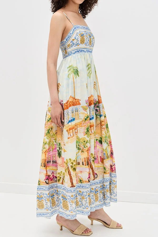 Aracati Multicolor Unique Print Back Smocked Pocket Maxi Dress