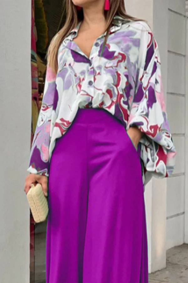 Artistic print satin wide-leg pants suit