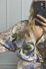 Exquisite Satin Floral Print Off-shoulder Shirt