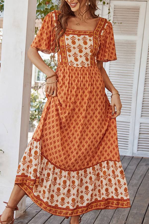 Ethnic-style printed square-neck dress