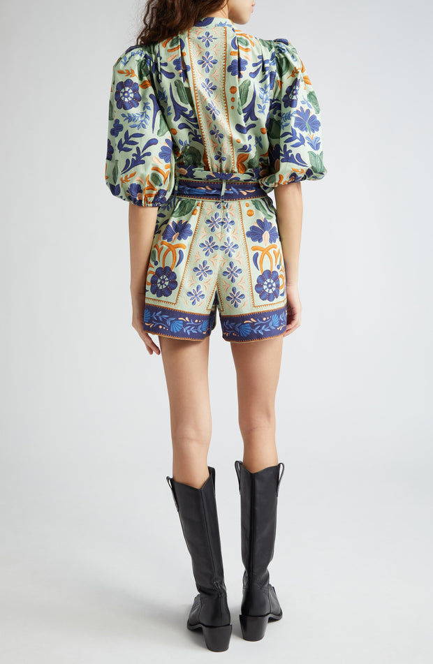 Ocean Tapestry Puff Sleeve Cotton Romper