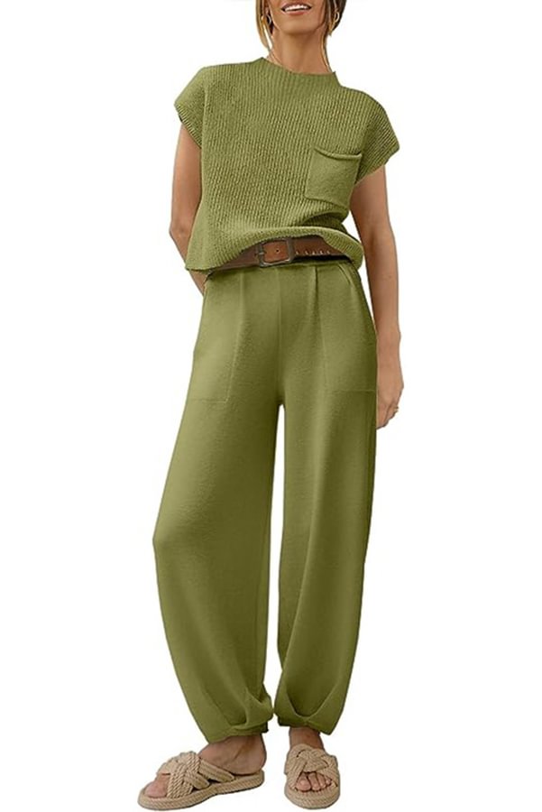 Short Sleeved Knitted Pullover Pleated Harem Pants Lounge Two Piece Set