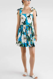 Fresh and Romantic Floral Print Square Neck Knotted Straps Mini Dress