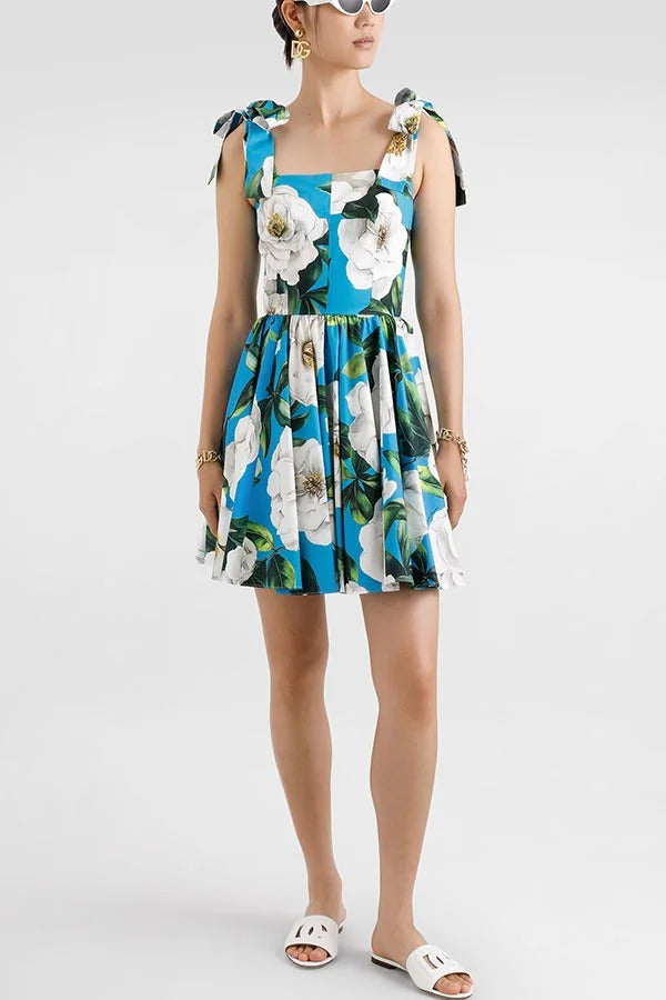 Fresh and Romantic Floral Print Square Neck Knotted Straps Mini Dress