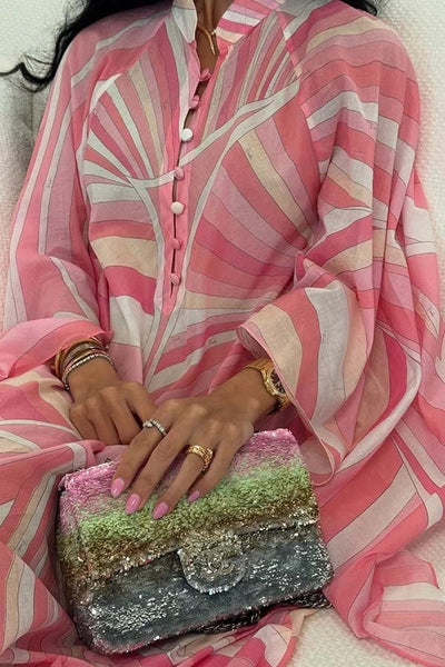 Jodie Chiffon Unique Print Stand Neck Buttons Butterfly Sleeves Kaftan Maxi Dress