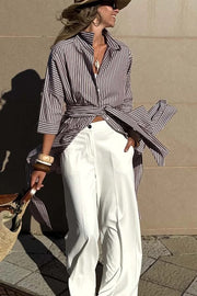 All-match Striped Button Up Half Sleeve Belted Pocket Shirt Midi Dress