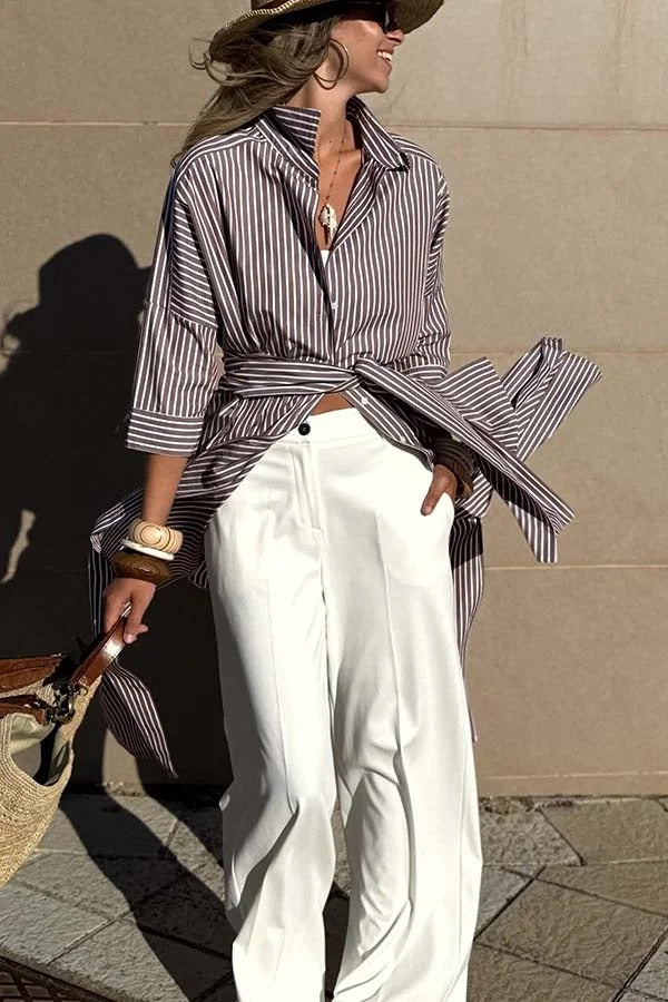 All-match Striped Button Up Half Sleeve Belted Pocket Shirt Midi Dress