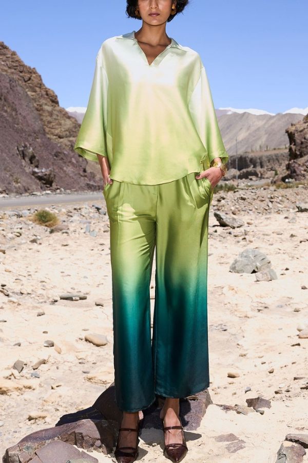 Alenah Satin Gradient Print V-Neck Loose Shirt and Casual Pocket Wide Leg Pants Set