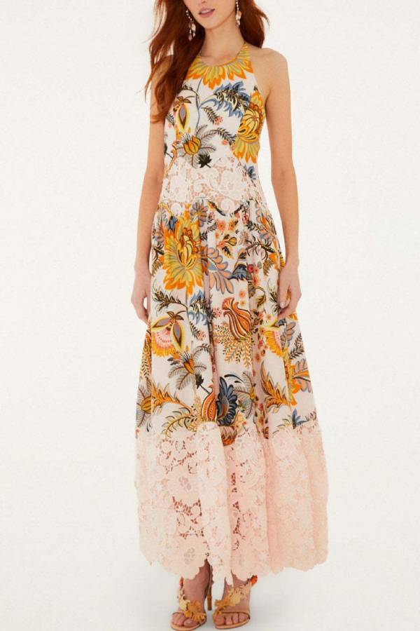 Halter Vintage Floral Lace Spliced Open‑Back Vacation Maxi Dress
