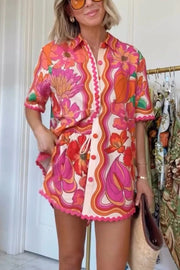 Neima Unique Print Wave Trim Button Up Short Sleeve Shirt and Elastic Waist Pocket Loose Shorts Set