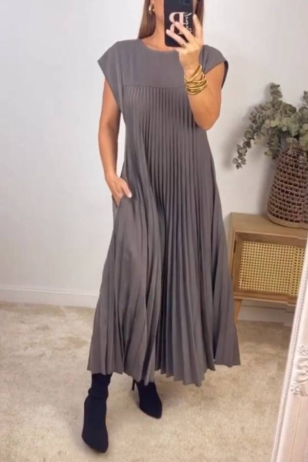 Women Pleated Simple Solid Color Dress