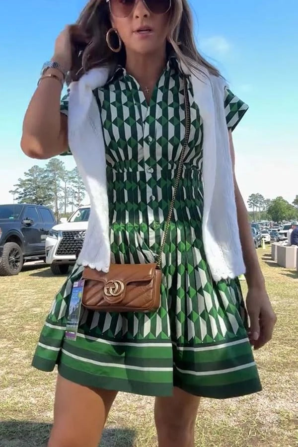 Nash Geometric Tile Print Wide Sleeve Button Up Pocketed Mini Dress