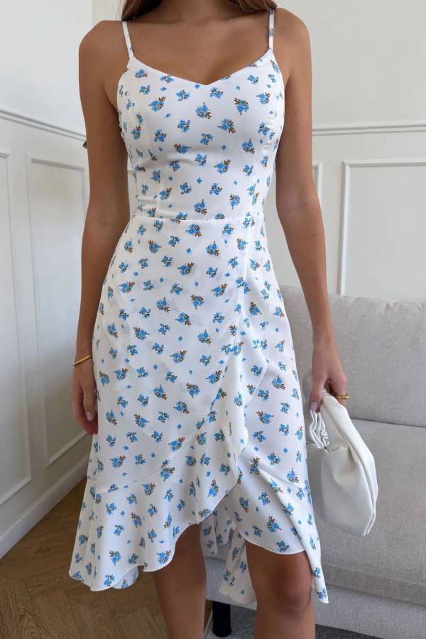 V Neck Floral Print Spaghetti Strap Wrap Ruffle Irregular Midi Dress