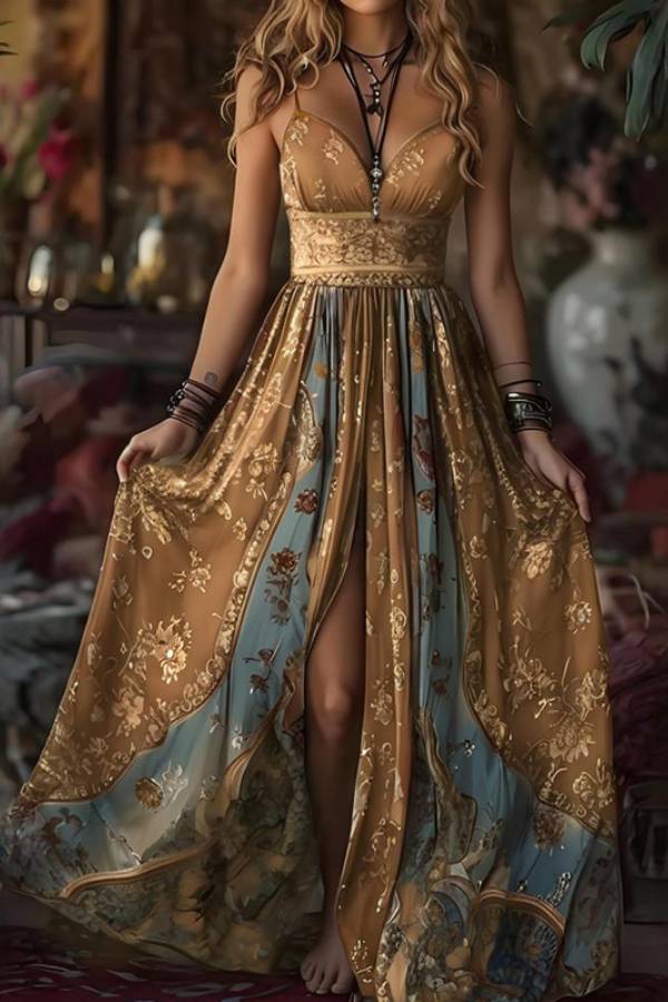 Bohemian print halter high slit maxi dress